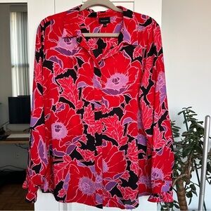 Who What Wear Red and Pink Floral Long Sleeve Blouse